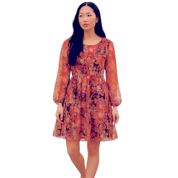 2/$30 ModCloth Floral Print Flowy Dress with Sheer Sleeves – Size Large - Picture 1 of 10